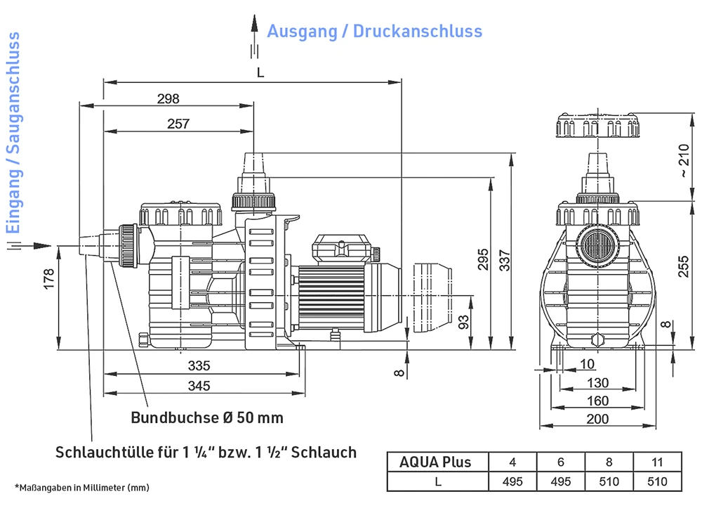 Abbildung Maßzeichnung AquaPlus Poolpumpe