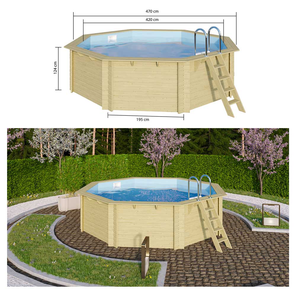 Holzpool SET "WARM & CLEAN" Achteck Folie sandfarben 4,70 x 4,70 x 1,24 m