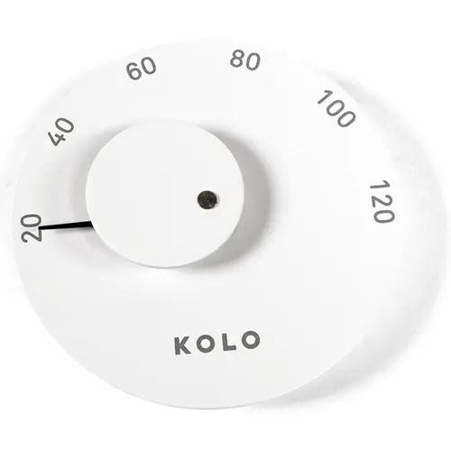 Rundes KOLO Thermometer Typ 2aus weißem Aluminium mit minimalistischer Anzeige von 0 bis 120 Grad Celsius, elegantes Design passend für Saunaräume.