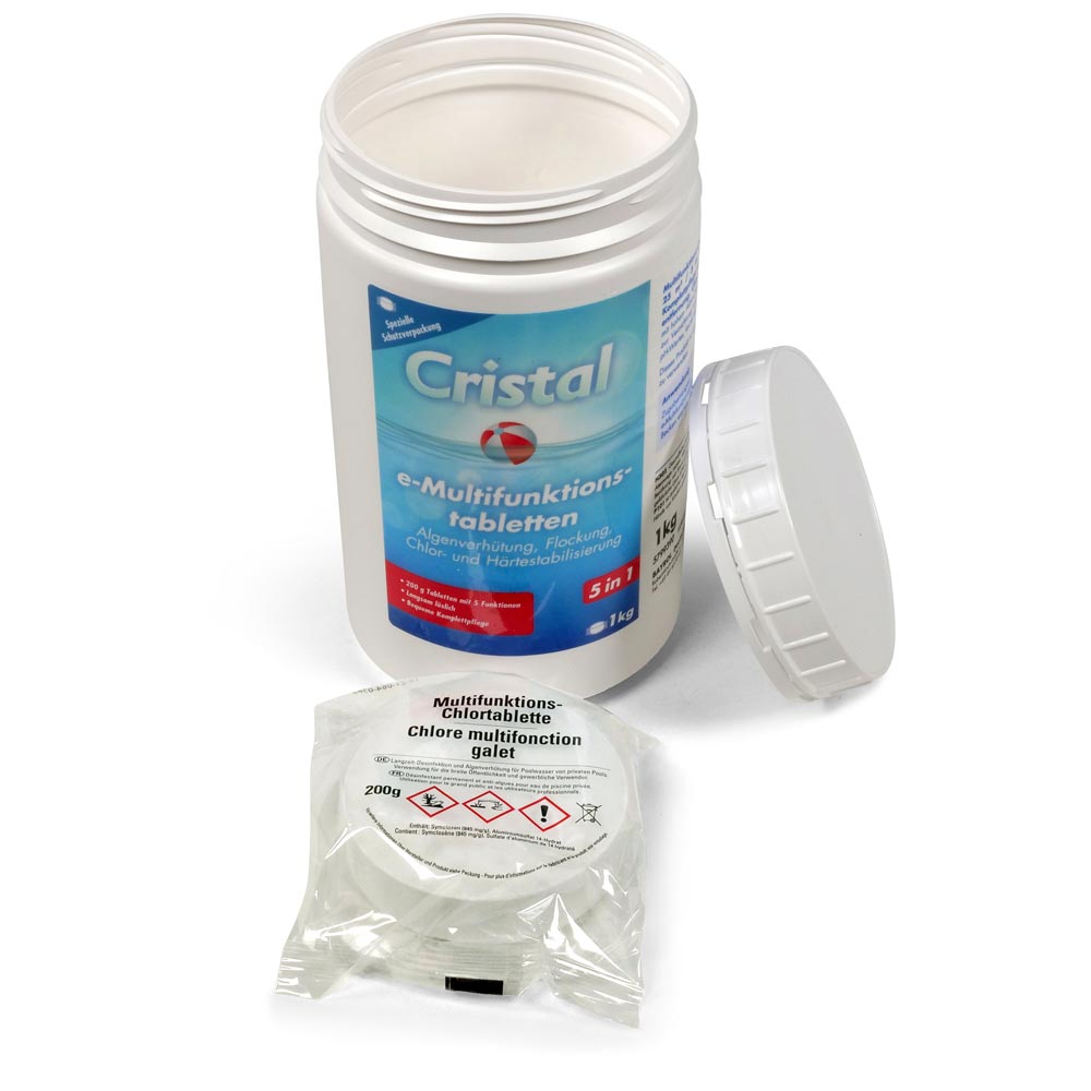 CRISTAL 5 kg e-Chlor-Multifunktion-Tabletten 200g + Dosierschwimmer
