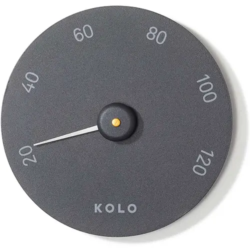 Rundes KOLO Thermometer aus schwarzem Aluminium mit minimalistischer Anzeige von 0 bis 120 Grad Celsius, elegantes Design passend für Saunaräume.