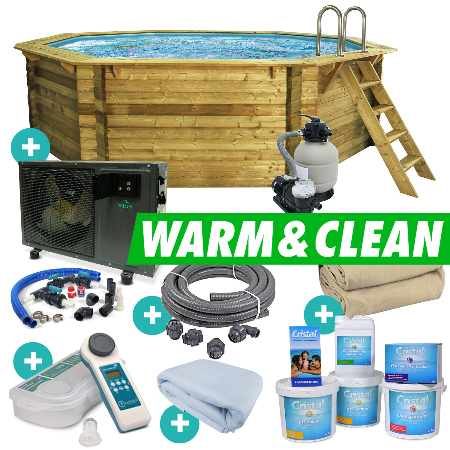 Holzpool SET "WARM & CLEAN" Achteck Folie sandfarben 4,70 x 4,70 x 1,24 m