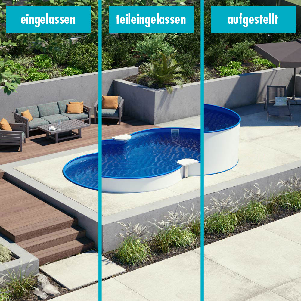 (B-Ware) Achtform Pool 3,00 x 4,70 x 1,20 m, Folie 0,8 mm blau + Funktions-Handlauf
