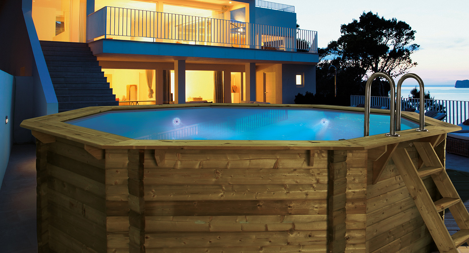 Holzpool SET "WARM & CLEAN" Achteck Folie sandfarben 4,70 x 4,70 x 1,24 m