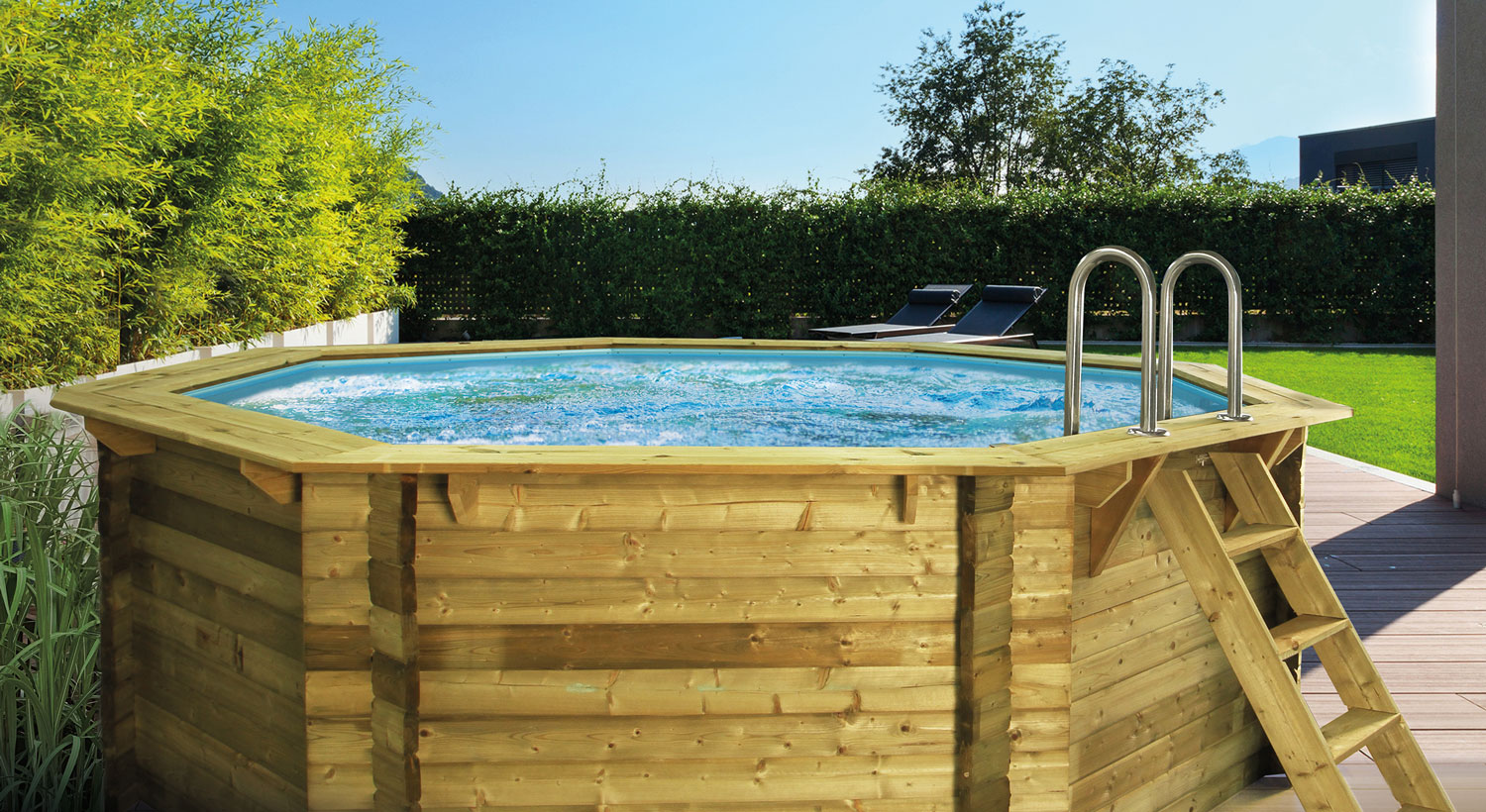 Holzpool SET "WARM & CLEAN" Achteck Folie sandfarben 4,70 x 4,70 x 1,24 m