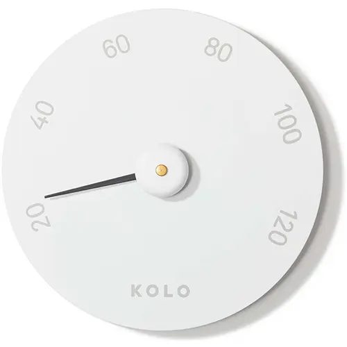 Rundes KOLO Thermometer aus weißem Aluminium mit minimalistischer Anzeige von 0 bis 120 Grad Celsius, elegantes Design passend für Saunaräume.